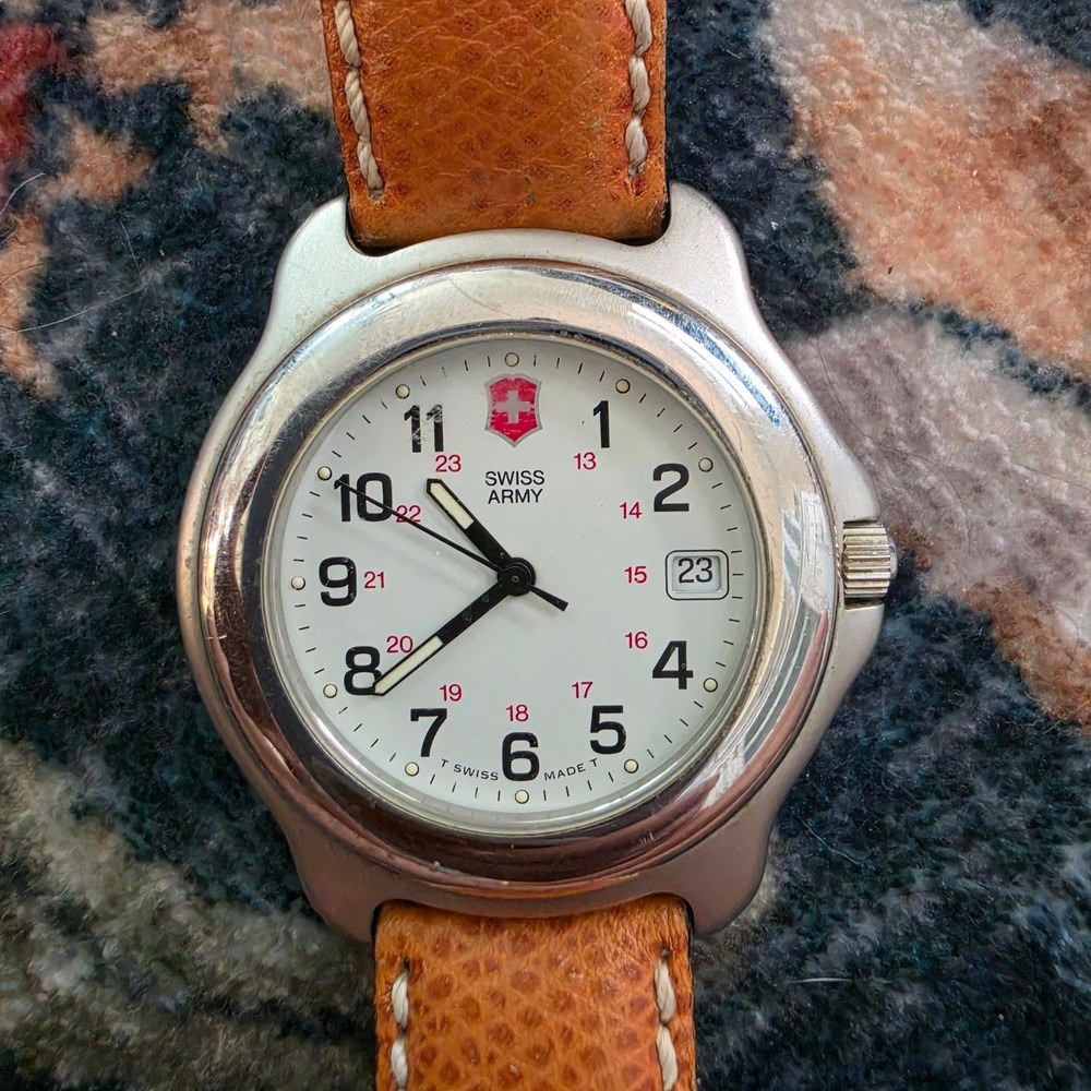 Swiss Army Brand Field Watch White Dial Tan Leather Strap Warburg Dillon Read